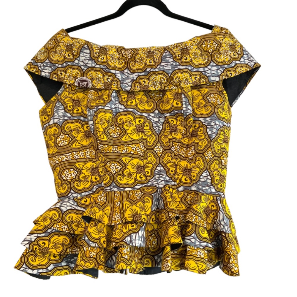 RARE Designer Debby African Stitches Rhinestone Gold Peplum Top Women’s M/L?